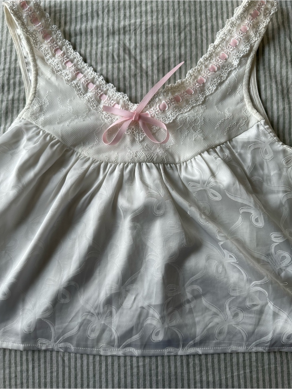 Vintage White Satin Chemise with Pink Ribbon Trim